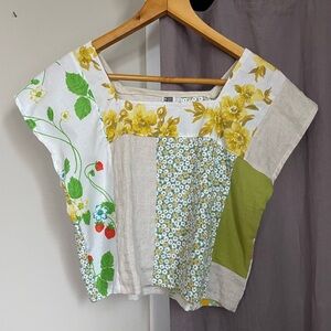 Patchwork Floral Linen Blend Women's Top in Yellow and Green